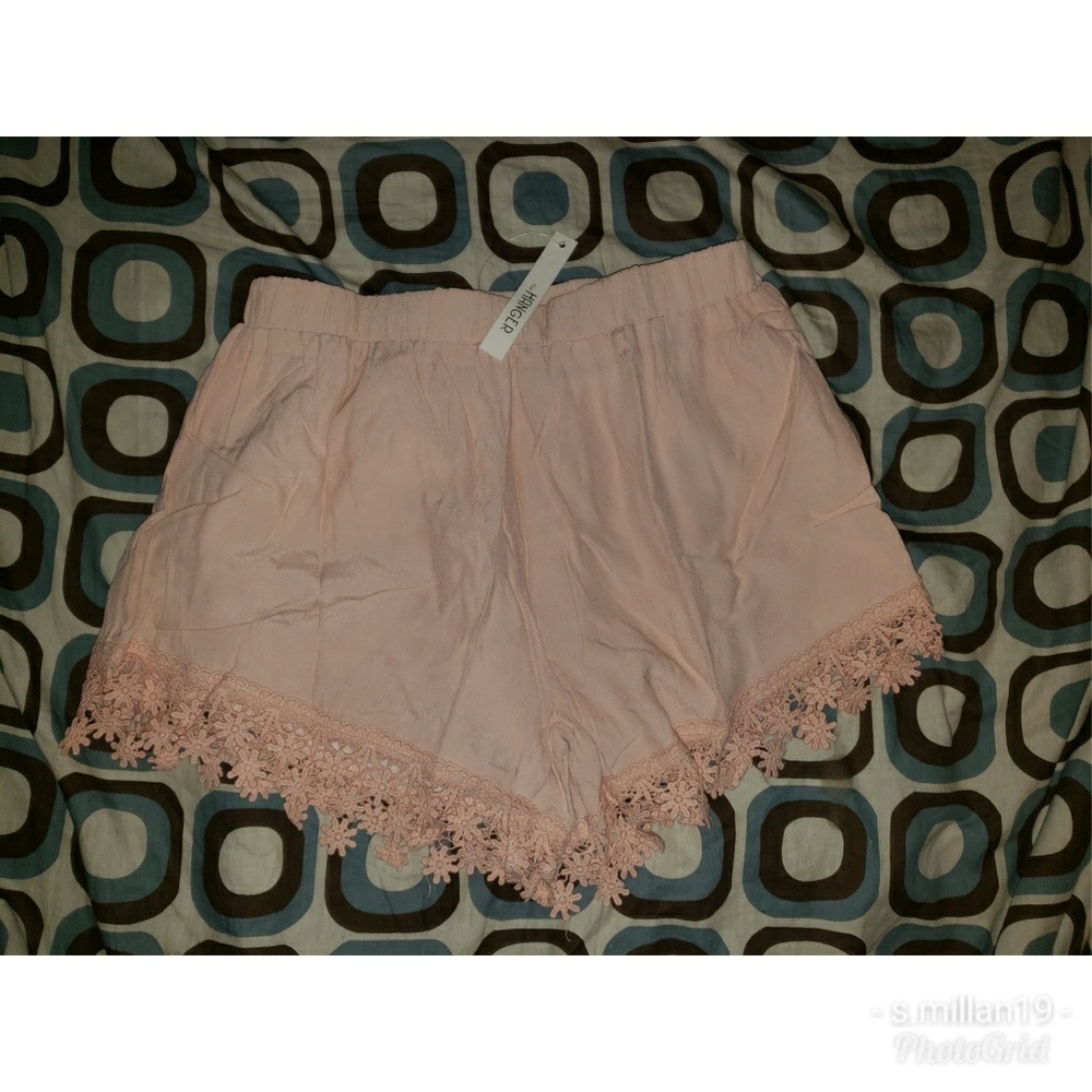 Peach colored crochet trim shorts